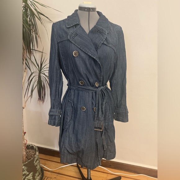 Liz Claiborne Jackets & Blazers - Liz Claiborne Denim-Look Double Breasted Trench Coat | Lyocell Linen Blend